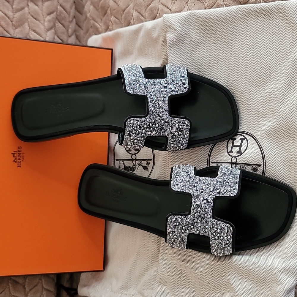 Hermes Oran Sandal with Crystals size 40eu/ 10US Limited Edition Black Leather
